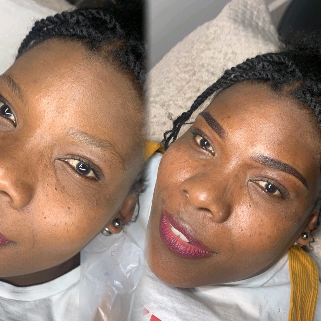 Before-and-after combination brow result on a client with a deeper skin tone