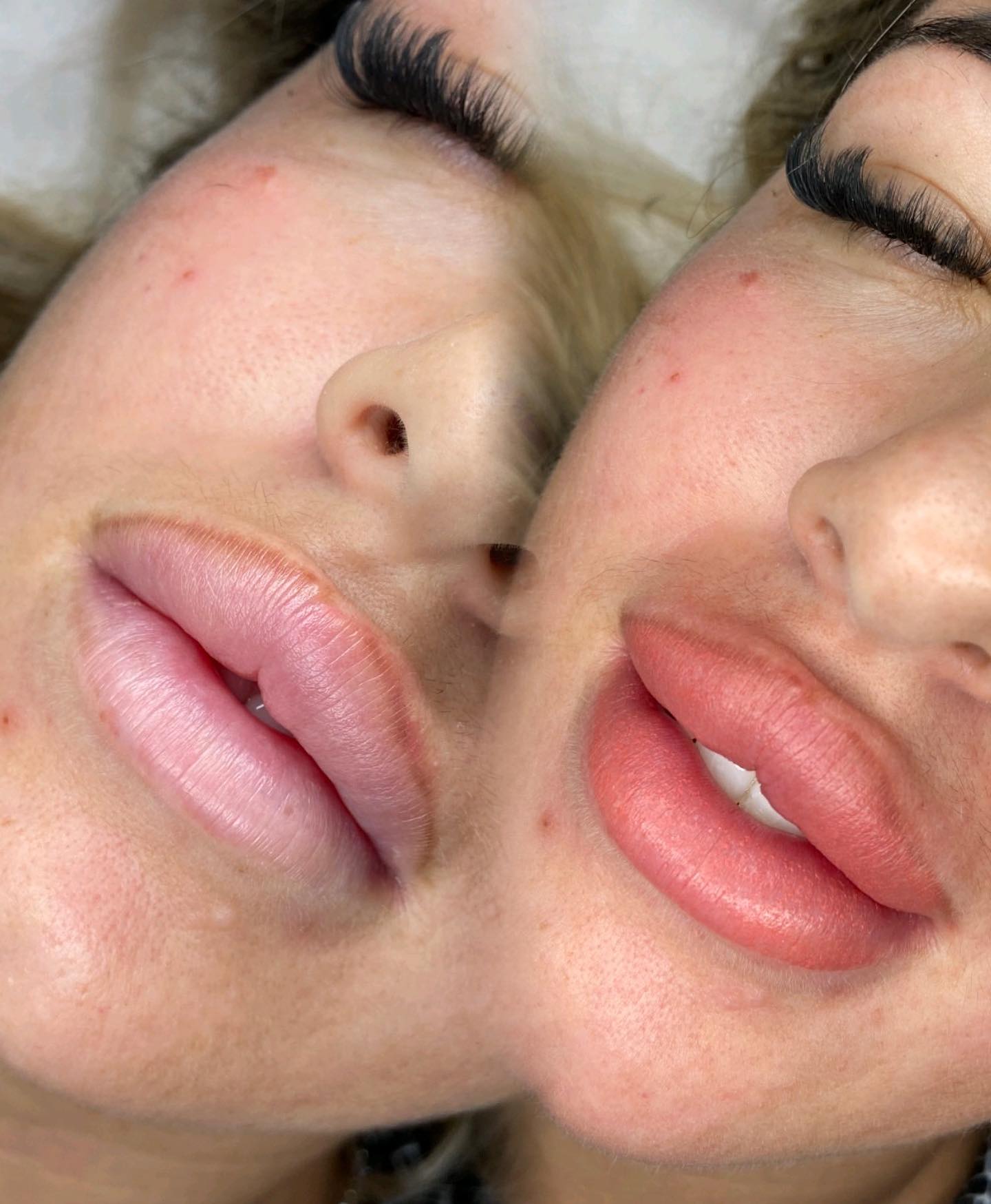 Close-up of two finished lip blush results by Elite Cosmetics