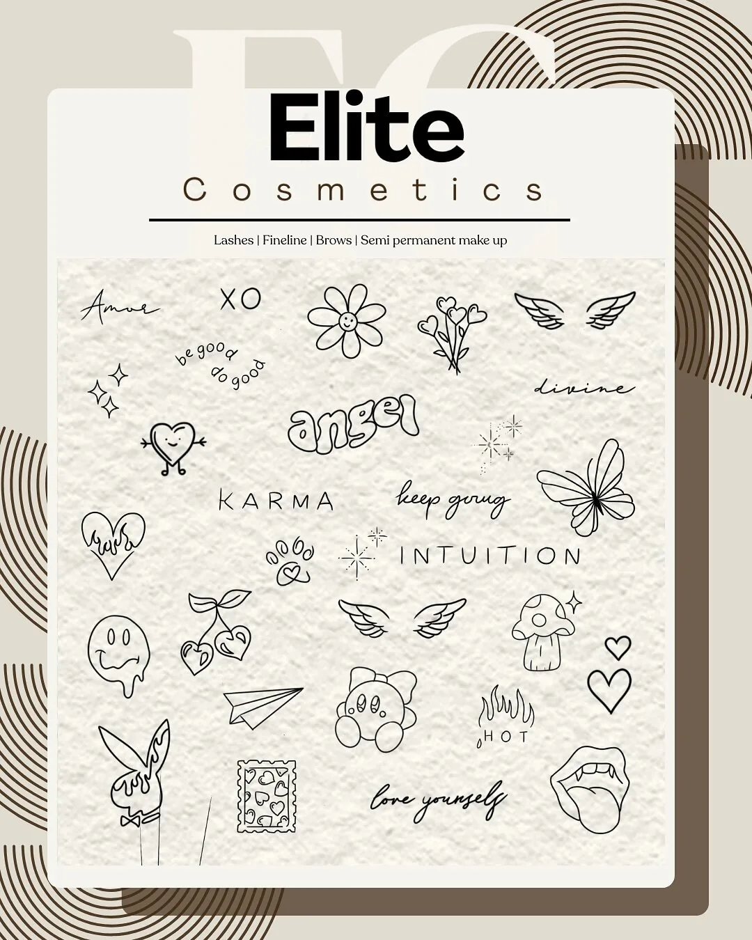 Elite Cosmetics fine-line tattoo flash sheet with small design ideas